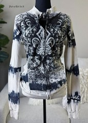 New VOCAL Womens CRYSTAL BLACK CREAM TIE DYE CROSS FLEUR DE LIS JACKET S Small