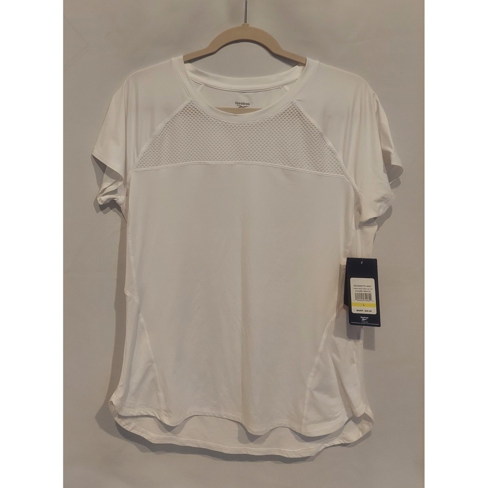 Reebok Womens White Thrive Mixed Mesh SS Athletic Top Blouse Size Large NWT