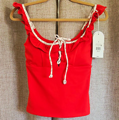 #130 BLOGILATES Women’s Red Ruffle Lace-Up Front Tank Top Removable Pads S