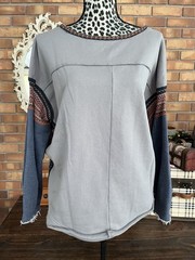 Natural Life Boho Chic Knit Trim Sweater S/M Dove Gray Raw edges Oversized Indie