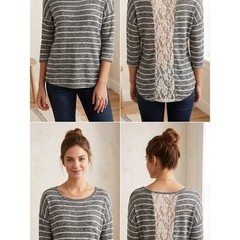 Gray Striped Lace-Panel Pullover. WS 88