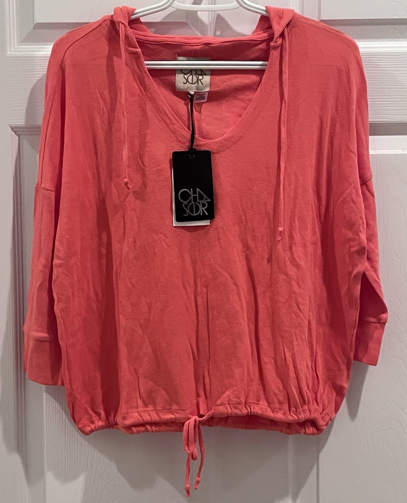 NWT Chaser Hooded Pullover Top Sunset Coral Drawstring Hem Lightweight Size S