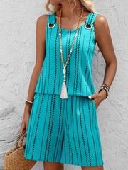 Womens Striped Tracksuit Summer Beach Vest Top Pocket Shorts Loose 2PCS Set 6-20