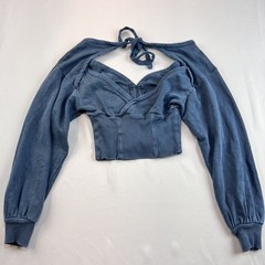 Pilcro Anthropologie Blue Ribbed Back Tie Sweatshirt Boho Crop Balloon Sleeve XS