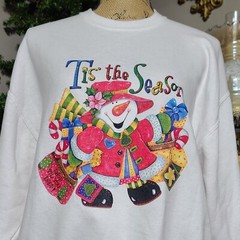 Vintage JERZEES Women’s Large White Graphic Crew Snowman Christmas Sweatshirt