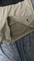PUMA Women’s Gray/Black Mesh Athletic Shorts L Stretch Breathable Logo Gym