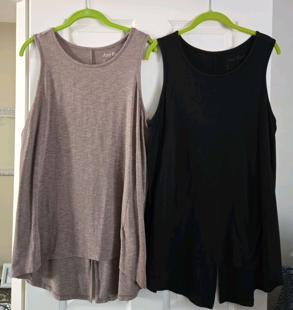 Any Body Lot Of 2 High Low Tunic Tank Tops Black & Tan Size Large Slit In Back