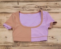 L*Space Active Sia Ribbed Colorblock Crop Top XS Lilac Camel Purple Short Sleeve