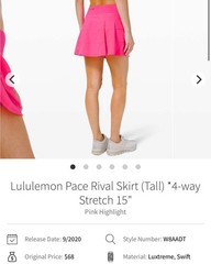 Lululemon Pace Rival Skirt *4-Way Stretch Tall 15in Length Pink size 14. $68 ret
