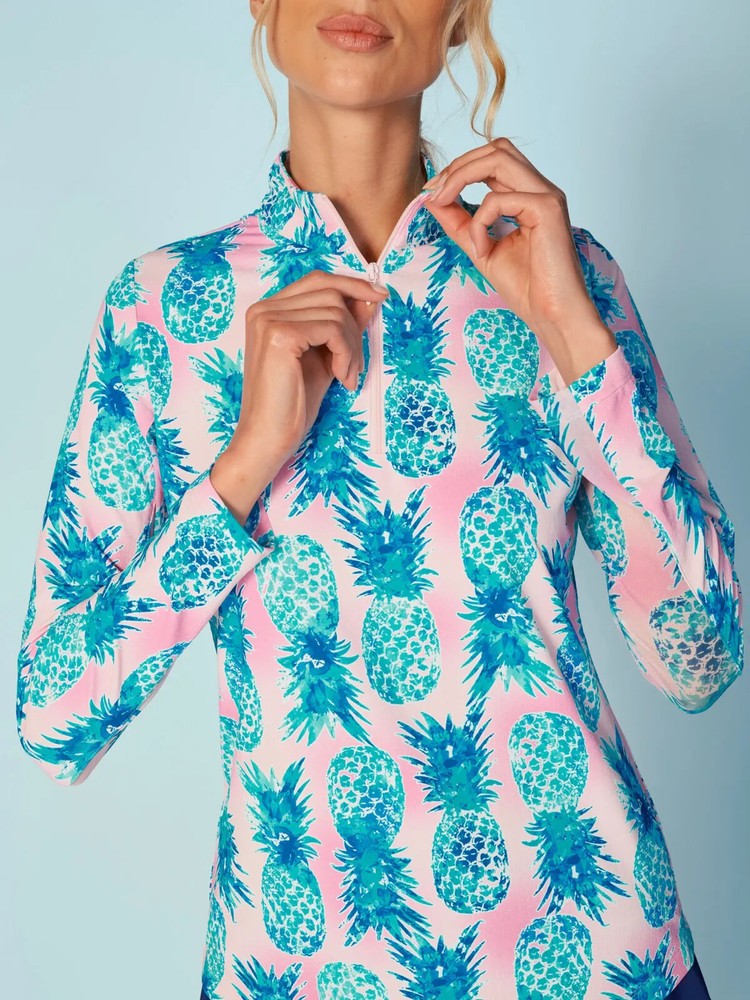 NWT G LIFESTYLE ANANAS AQUA TURQUOISE HOT PINK Long Sleeve Mock – S M L XL