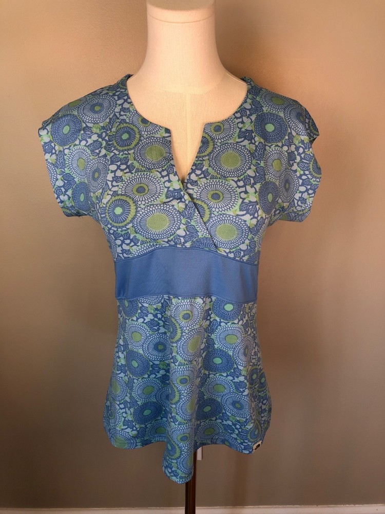 The North Face Cap Sleeve Activewear Blue & Lime Green Stretch Comfort Top Sz M