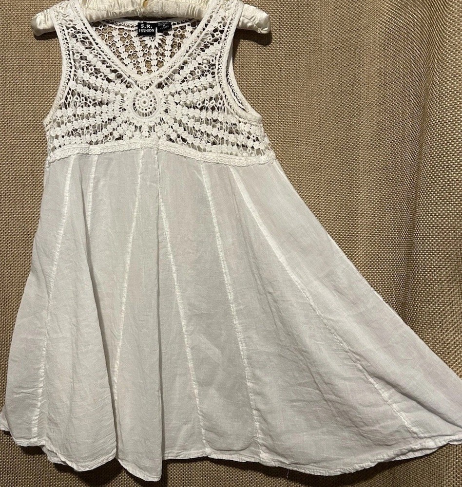 SR Fashion Top M Cute White Cotton Crochet Trapeze Hem Boho Tunic Shirt Blouse