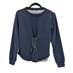 Lace Up Top Navy Mixed Media Top Preppy Coastal Minimalist Effortless Medium
