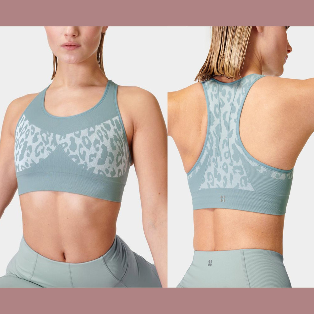 NWT Sweaty Betty [ Large ] Leopard Jacquard Stamina Sports Bra Vapour Blue U916