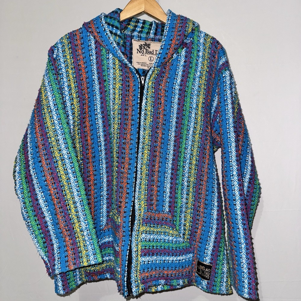 No Bad Days Striped Zip Up Baja Hoodie Multicolor Sz Lg Acrylic blend Recycled