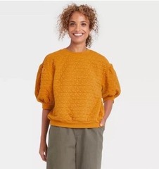 A New Day Short Sleeve Quilted Sweatshirt Balloon Sleeve Yellow Sz Medium NWT’s