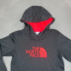 The North Face Womens Hoodie Medium Charcoal Grey Coral Red Pullover Fleece Logo