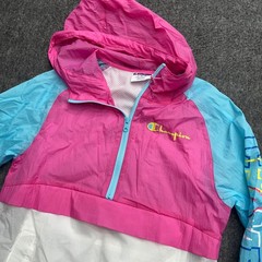 Champion Colorblock Hooded Windbreaker Jacket Small Pink Blue White Retro Gorp