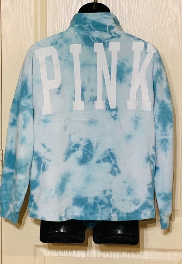Victoria Secret PINK Blue White Tie-Dye Zip Up Embroidered Lettering Sweatshirt