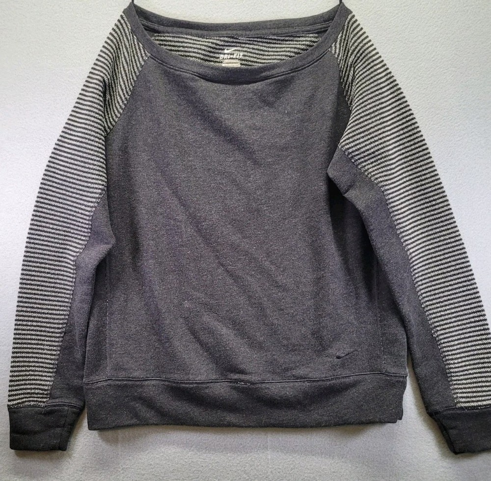 Nike Sweatshirt Dri Fit Womens Medium Grey Striped Exposed Seam Boat Neck Raglan