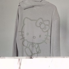 Hello Kitty Circle Graphic Logo Gray Pullover Fleece Hooded Hoodie Womens XL