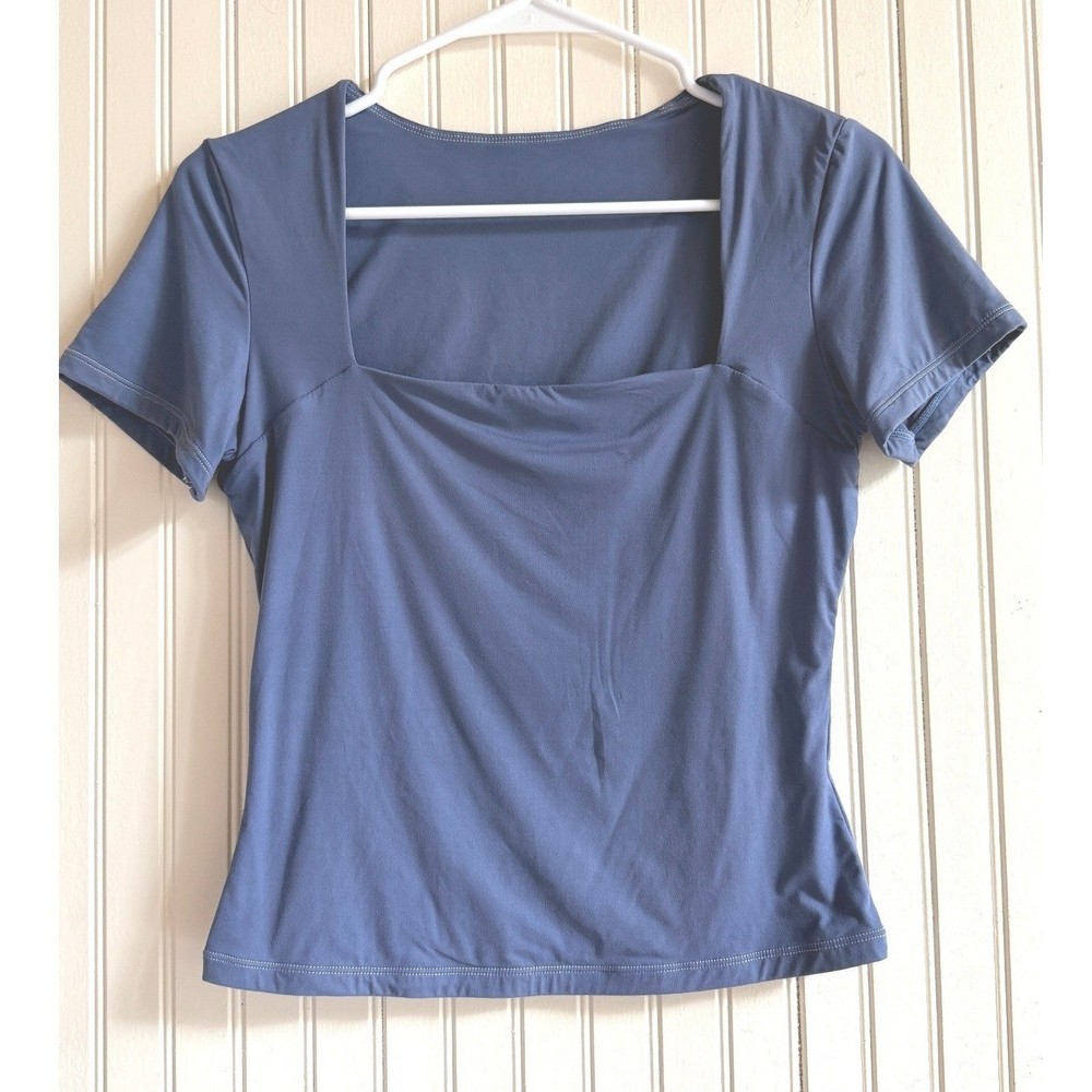 Active Square Neck Short Sleeve Top Dusty Blue Stretch Slim Fit M