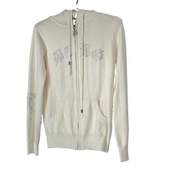 BCBGMAXAZRIA White Rhinestone Logo Full Zip Hooded Hoodie Pockets Women’s S