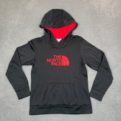 The North Face Womens Hoodie Medium Charcoal Grey Coral Red Pullover Fleece Logo