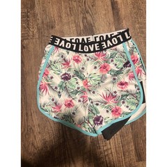 Womens Floral Tropical 2-in-1 Athletic Shorts Blue Pink LOVE Waistband S/M