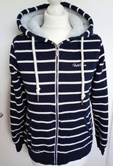 Womens Navy Blue White Striped Hoodie Nautical Hooded Top Zip Front Fleece Lined