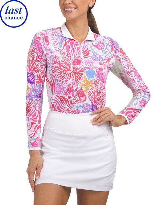 NEW Gottex G LIFESTYLE Womens 1/4 Zip Long Sleeve Golf Shirt Pink Sea Wave XS