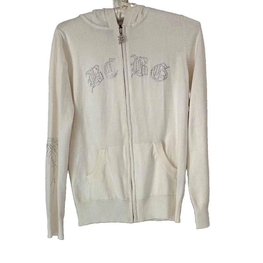 BCBGMAXAZRIA White Rhinestone Logo Full Zip Hooded Hoodie Pockets Women’s S