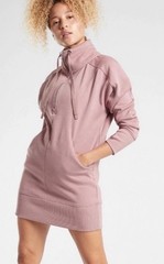 Athleta Cozy Karma Dress Mauve 1/4 Zip Cowl Neck Drawstring Long Tunic Pink XS