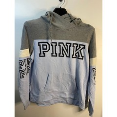 PINK Victoria’s Secret Colorblock Hoodie Sweatshirt Gray Blue Logo Size L