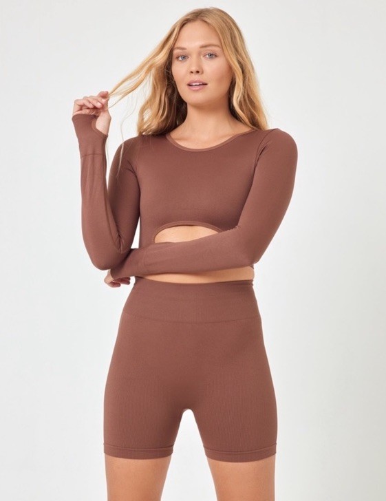 L Space “In the Zone” Brown Seamless Ribbed Workout Shorts Size Medium Large NWT