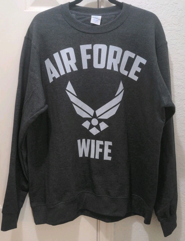 Air Force Wife Dark Gray Crew Neck Pullover Fleece Sweatshirt. Size L