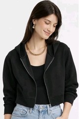 A New Day Sweatshirt Womens Large Black Double Knit Zip Hoodie Cropped