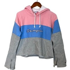 Champion Womens Reverse Weave Colorblock Cropped Hoodie Size M Pink Gray Blue