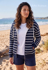 Womens Navy Blue White Striped Hoodie Nautical Hooded Top Zip Front Fleece Lined