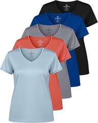 [5 Pack] LARGE L Women’s Dry-Fit Wicking V-Neck T Shirts Activewear Tee Top Yoga