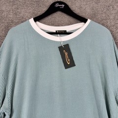 OFEFEAN Womens Oversized Crew Neck Sweater, XL, Light Blue Green White Trim NWT