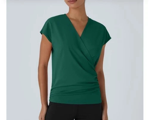 HALARA V-Neck Cap Sleeve Crossover Ruched Green Blouse XL Stretch Athleisure