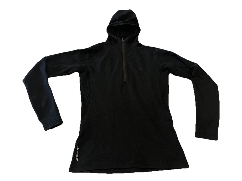 Icebreaker GT Lightweight Womens Black1/4 Zip Merino Wool Hoodie Size Small