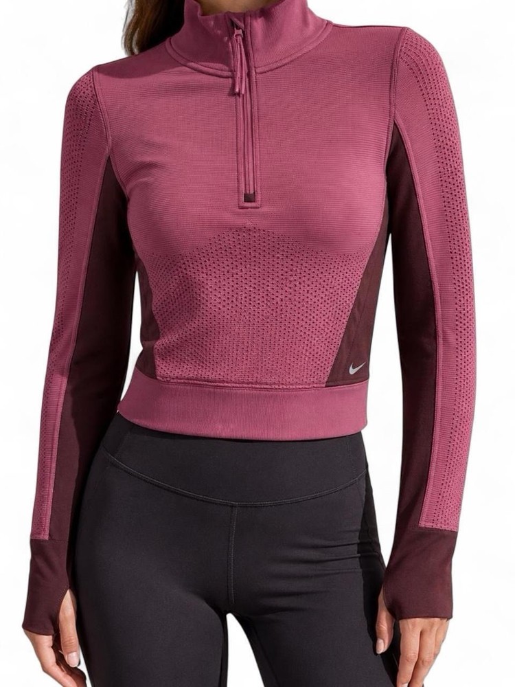 Nike Therma-FIT ADV Cropped 1/4 Zip Mock Neck Long Sleeve Top Pink/Burgundy S