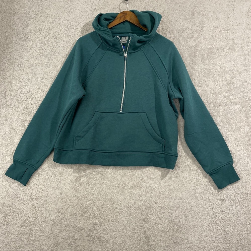 NEW Danskin Womens L Teal Half-Zip Fleece Hoodie Sweatshirt Raglan Sleeves