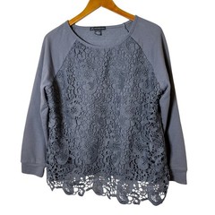 Adrianna Papell Women Sweatshirt L Gray Lace Overlay Raglan Romantic Boho Chic