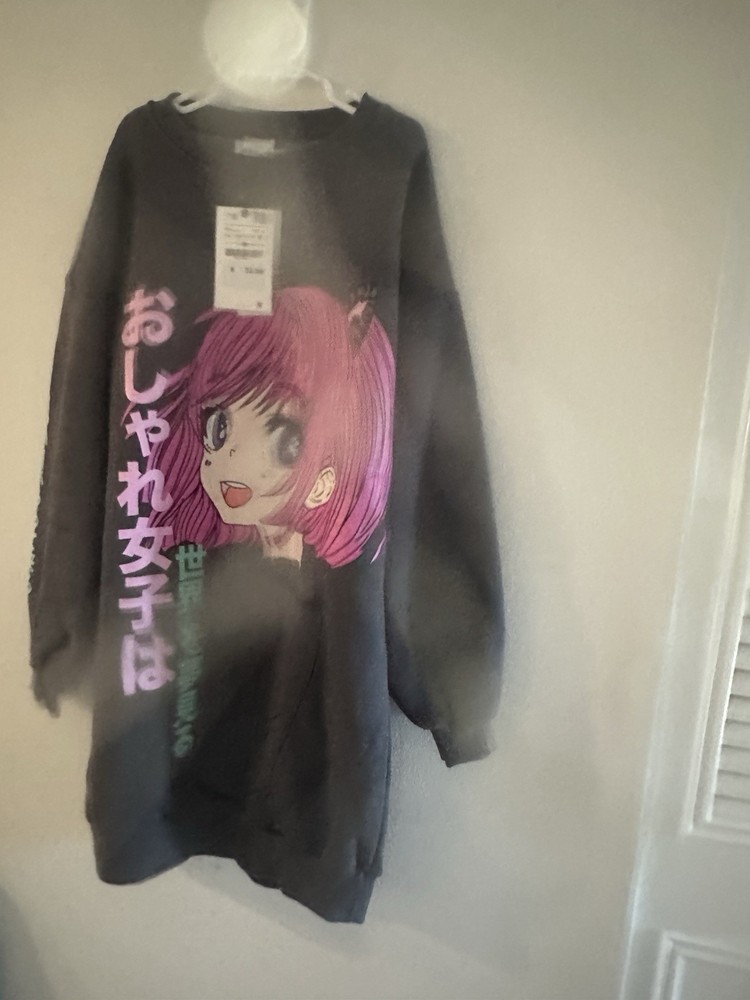 Women’s Black Anime Graphic Print Pullover Sweatshirt Crew Neck Long Sleeve S