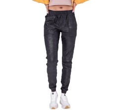 Metallic Jogger Pants Womens Small Black Shimmer Elastic Waist Pockets Chic