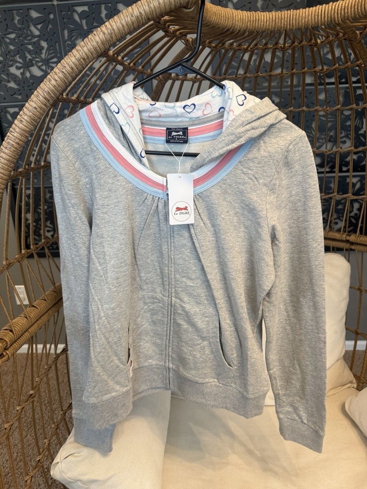 Le Tigre Gray with Pink Blue White Lining Heart Hoodie Size Large