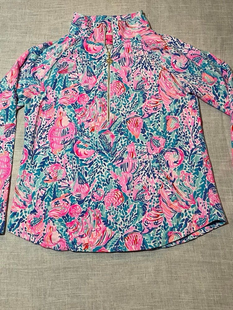 Lilly Pulitzer Skipper Popover Pink Blue Tropical Floral 1/2 Zip Pullover Large